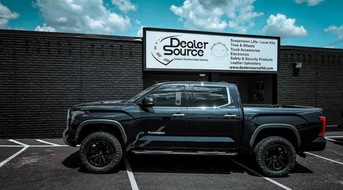 2022 Toyota Tundra with Rough Country 3.5" Suspension Lift Kit, Hostile Wheels H130 Crandon, 20x9,12 Offset, Asphalt Finish, and Nitto Tire USA Ridge Grapplers 35x12.5R20 at Dealer Source Ltd in San Antonio, Texas