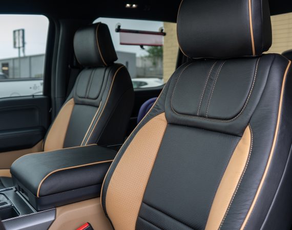 2024 Ford F-150 Super Crew - LEATHER Black Wrap- Tan Insert - Perforated Wings - Tan Contrast Stitch - Tan Piping 