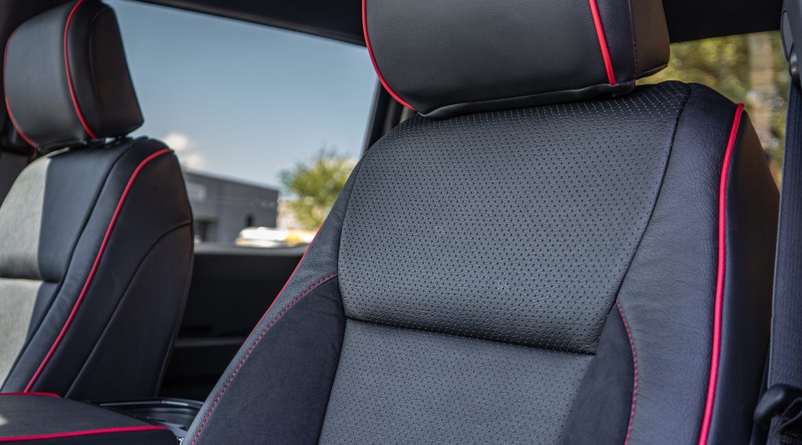 2024 F-150 Super Crew -Black Leather, Perforated Body, Suedezkin Raven Wings, Red Seam, Red Piping Reference 100572