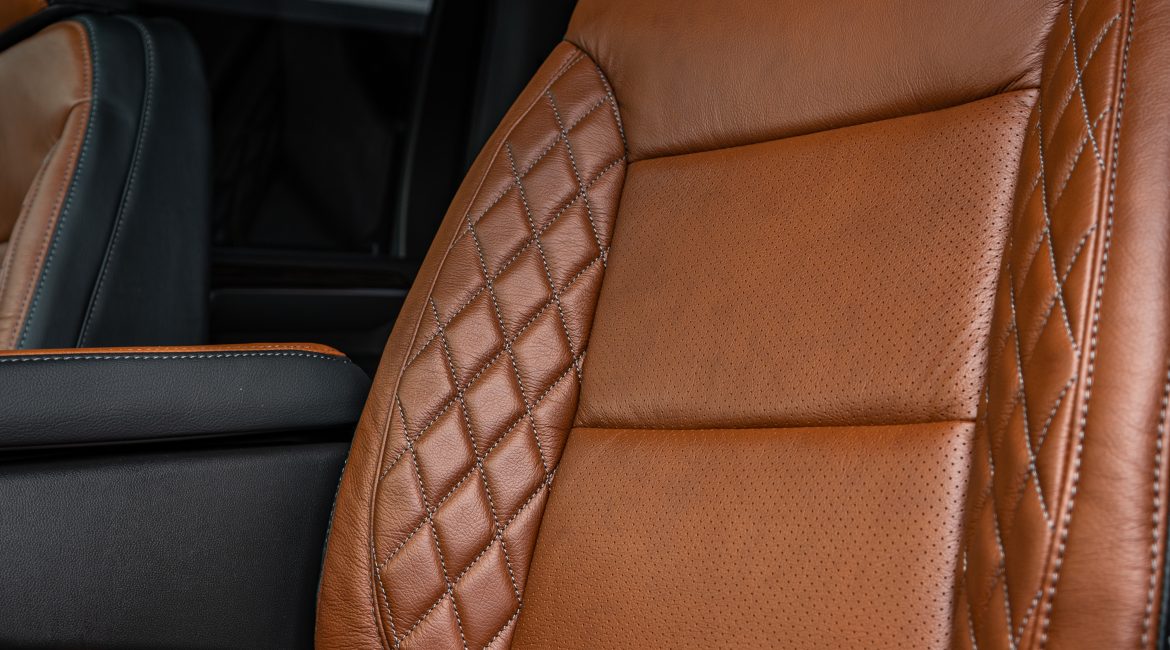 2024 Sierra Crew Cab 3500 Black leather, Mahogany Face, Stone Seam, Perforation Combo, Tek Stitch Reference 100582