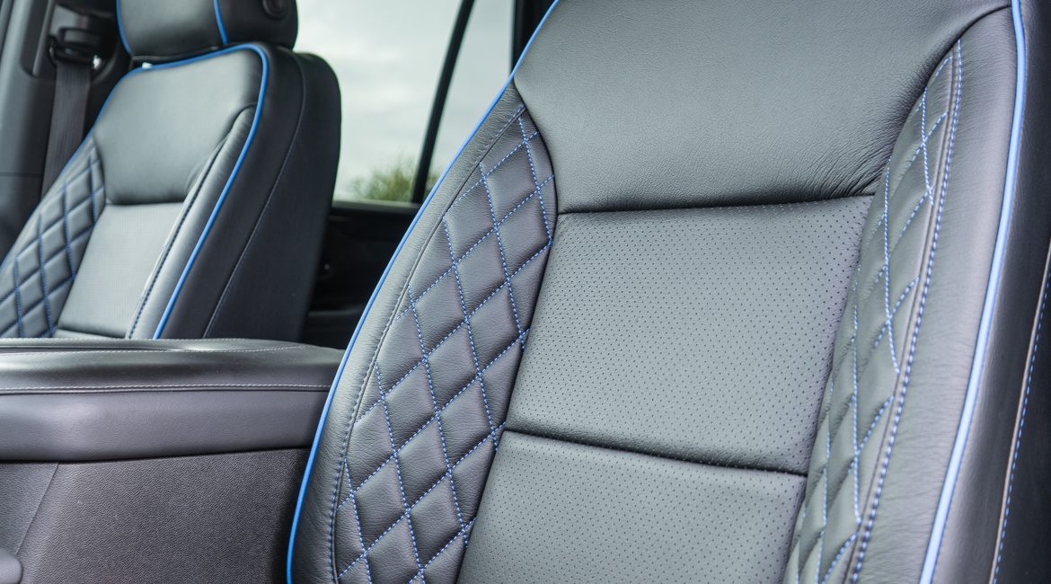 2021 Tahoe -Black Katzkin Leather - Perforated Body - Cobalt Piping - Tekstitch Wings - Heated/Cooled Seats Reference 100799