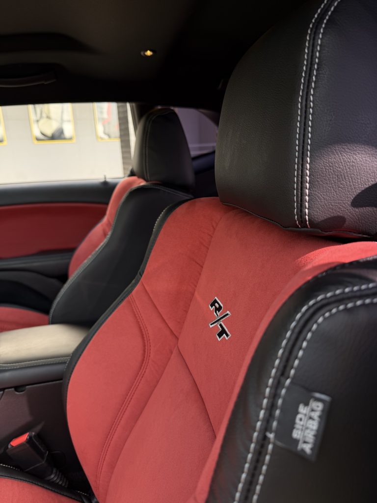 Red on Black Suede interior in a Dodge Challenger